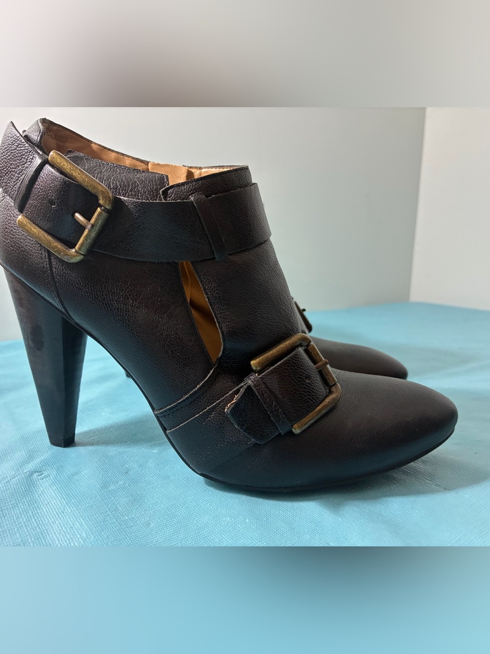 NINE WEST Women’s Black Leather Buckle High Heel Booties Size 9.5 M